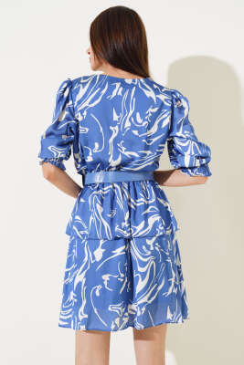 Kemerli V Yaka Saten Midi Elbise İndigo - Kadın Giyim Modelleri