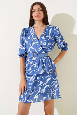 Kemerli V Yaka Saten Midi Elbise İndigo - Kadın Giyim Modelleri