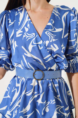 Kemerli V Yaka Saten Midi Elbise İndigo - Kadın Giyim Modelleri