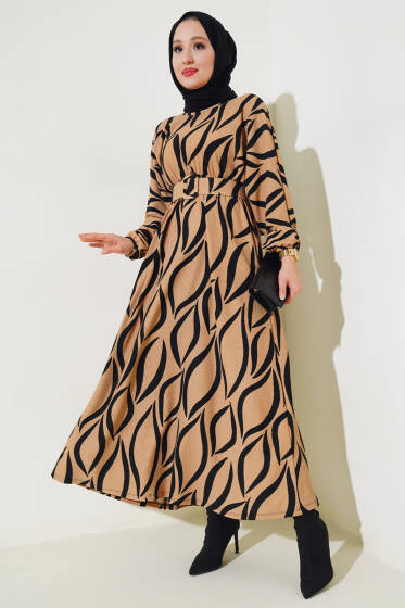 Kemerli Yarasa Kol Kemerli Elbise Camel - Elbise