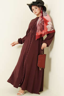 Kemerli Yarım Brit Düğmeli Modal Elbise Bordo - MODA NORVELLA
