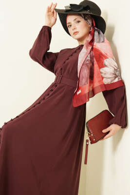 Kemerli Yarım Brit Düğmeli Modal Elbise Bordo - Elbise