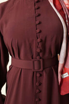 Kemerli Yarım Brit Düğmeli Modal Elbise Bordo - Elbise