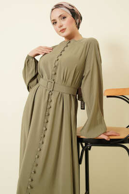 Kemerli Yarım Brit Düğmeli Modal Elbise Haki - Bayram Kombinleri