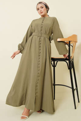 Kemerli Yarım Brit Düğmeli Modal Elbise Haki - MODA NORVELLA