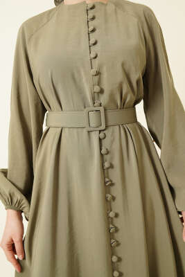 Kemerli Yarım Brit Düğmeli Modal Elbise Haki - Elbise