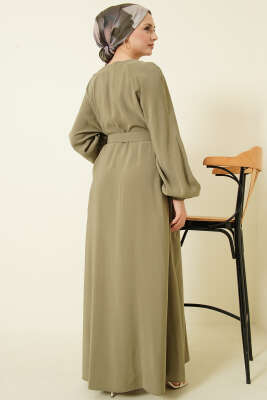 Kemerli Yarım Brit Düğmeli Modal Elbise Haki - Tesettür Elbise