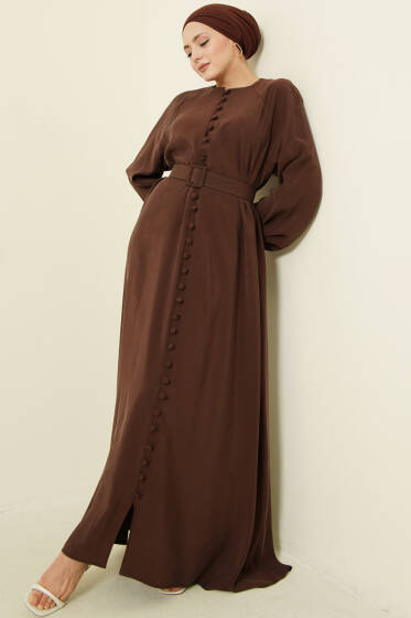 Kemerli Yarım Brit Düğmeli Modal Elbise Kahve - Bayram Kombinleri