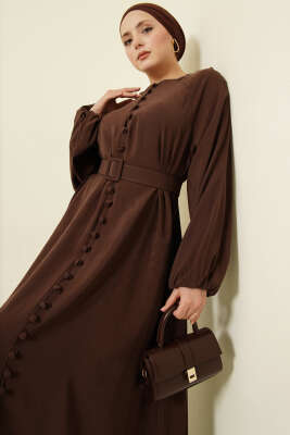 Kemerli Yarım Brit Düğmeli Modal Elbise Kahve - Bayram Kombinleri