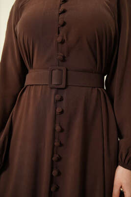 Kemerli Yarım Brit Düğmeli Modal Elbise Kahve - Bayram Kombinleri