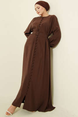Kemerli Yarım Brit Düğmeli Modal Elbise Kahve