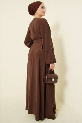 Kemerli Yarım Brit Düğmeli Modal Elbise Kahve - Tesettür Elbise