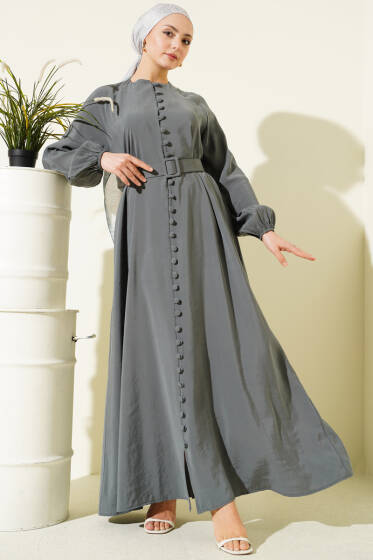 Kemerli Yarım Brit Düğmeli Modal Elbise Küf Yeşili - Elbise