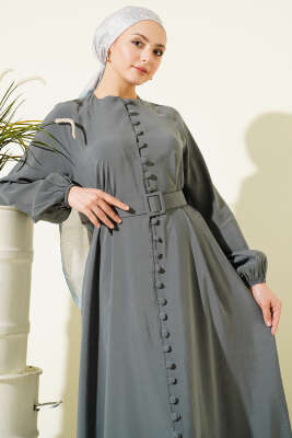 Kemerli Yarım Brit Düğmeli Modal Elbise Küf Yeşili - Elbise