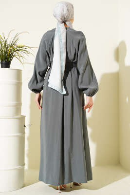 Kemerli Yarım Brit Düğmeli Modal Elbise Küf Yeşili - Elbise