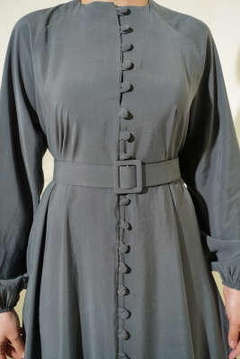 Kemerli Yarım Brit Düğmeli Modal Elbise Küf Yeşili - Elbise