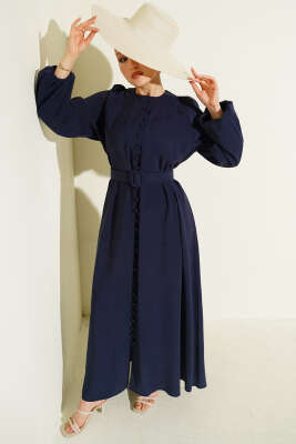 Kemerli Yarım Brit Düğmeli Modal Elbise Lacivert 