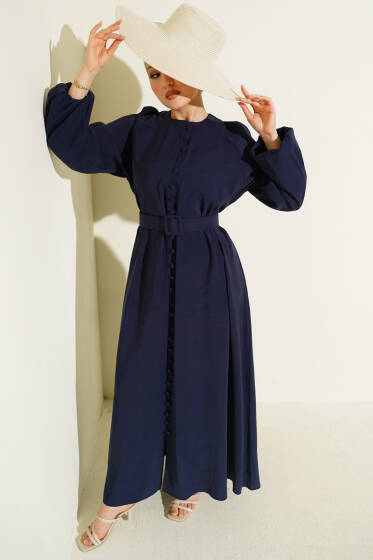 Kemerli Yarım Brit Düğmeli Modal Elbise Lacivert - Elbise