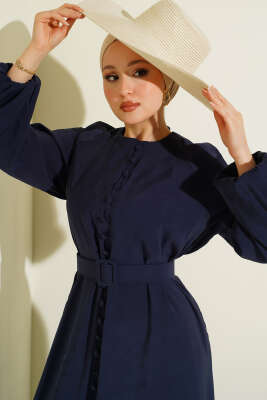 Kemerli Yarım Brit Düğmeli Modal Elbise Lacivert - Elbise