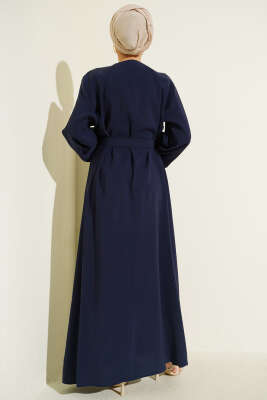 Kemerli Yarım Brit Düğmeli Modal Elbise Lacivert - Elbise