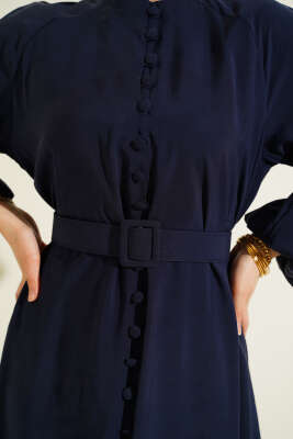 Kemerli Yarım Brit Düğmeli Modal Elbise Lacivert - Elbise