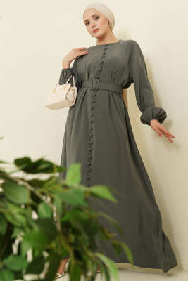 Kemerli Yarım Brit Düğmeli Modal Elbise Nefti - Bayram Kombinleri