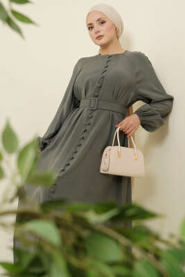 Kemerli Yarım Brit Düğmeli Modal Elbise Nefti - Bayram Kombinleri