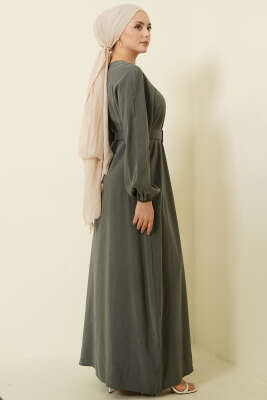 Kemerli Yarım Brit Düğmeli Modal Elbise Nefti - Elbise