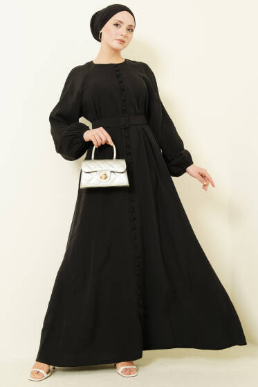 Kemerli Yarım Brit Düğmeli Modal Elbise Siyah - Bayram Kombinleri