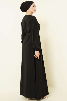 Kemerli Yarım Brit Düğmeli Modal Elbise Siyah - Bayram Kombinleri