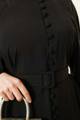 Kemerli Yarım Brit Düğmeli Modal Elbise Siyah - Bayram Kombinleri