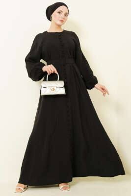 Kemerli Yarım Brit Düğmeli Modal Elbise Siyah - MODA NORVELLA