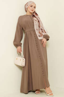 Kemerli Yarım Brit Düğmeli Modal Elbise Sütlü Kahve - MODA NORVELLA