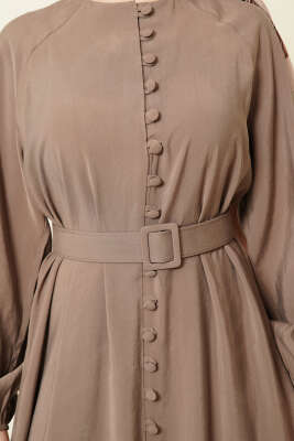 Kemerli Yarım Brit Düğmeli Modal Elbise Sütlü Kahve - Bayram Kombinleri