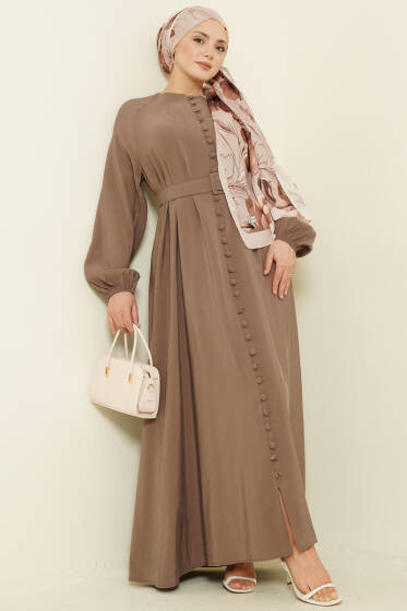 Kemerli Yarım Brit Düğmeli Modal Elbise Sütlü Kahve - Elbise