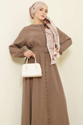 Kemerli Yarım Brit Düğmeli Modal Elbise Sütlü Kahve - Elbise