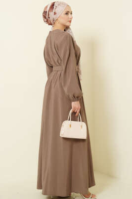 Kemerli Yarım Brit Düğmeli Modal Elbise Sütlü Kahve - Elbise