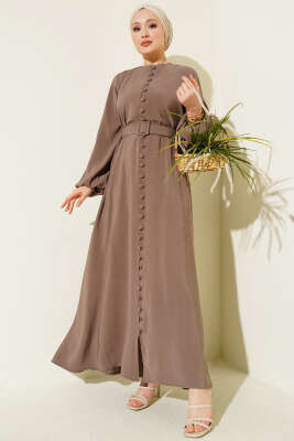 Kemerli Yarım Brit Düğmeli Modal Elbise Vizon 