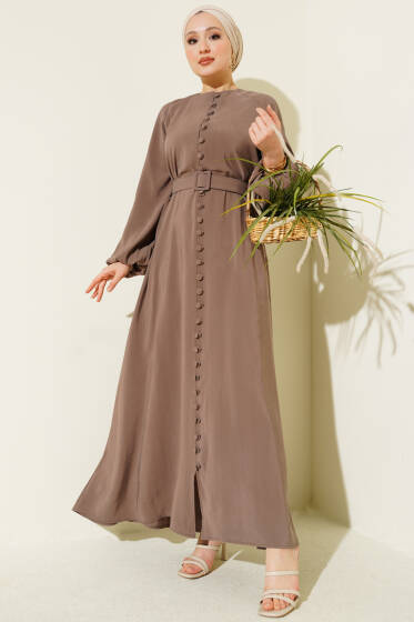 Kemerli Yarım Brit Düğmeli Modal Elbise Vizon - Elbise