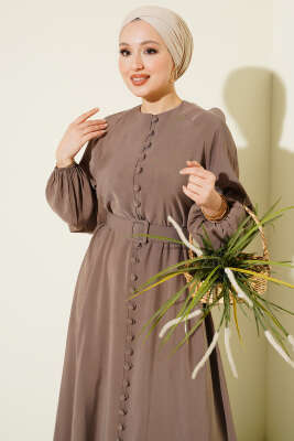 Kemerli Yarım Brit Düğmeli Modal Elbise Vizon - Elbise