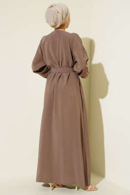 Kemerli Yarım Brit Düğmeli Modal Elbise Vizon - Elbise