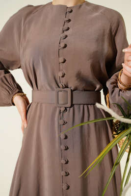 Kemerli Yarım Brit Düğmeli Modal Elbise Vizon - Elbise