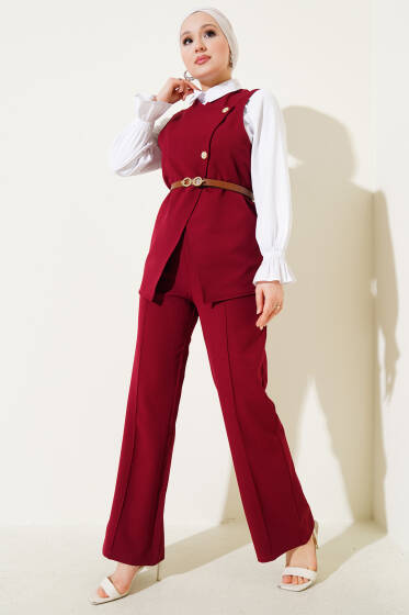 Kemerli Yelekli Pantolon İkili Takım Bordo - İkili Takım