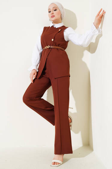 Kemerli Yelekli Pantolon İkili Takım Kahve - İkili Takım