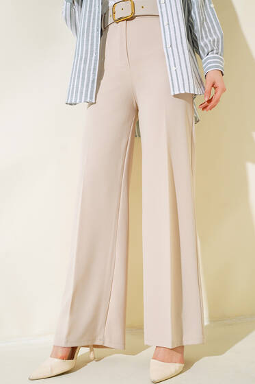Kemerli Yüksek Bel Bol Paça Bej Pantolon - Pantolon