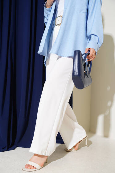 Kemerli Yüksek Bel Bol Paça Beyaz Pantolon - Pantolon