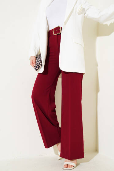 Kemerli Yüksek Bel Bol Paça Bordo Pantolon - Pantolon