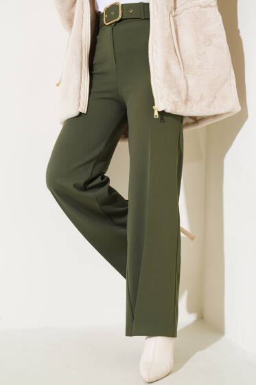 Kemerli Yüksek Bel Bol Paça Haki Pantolon - Pantolon