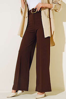 Kemerli Yüksek Bel Bol Paça Kahve Pantolon 