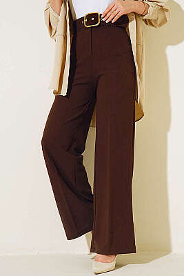 Kemerli Yüksek Bel Bol Paça Kahve Pantolon - Pantolon